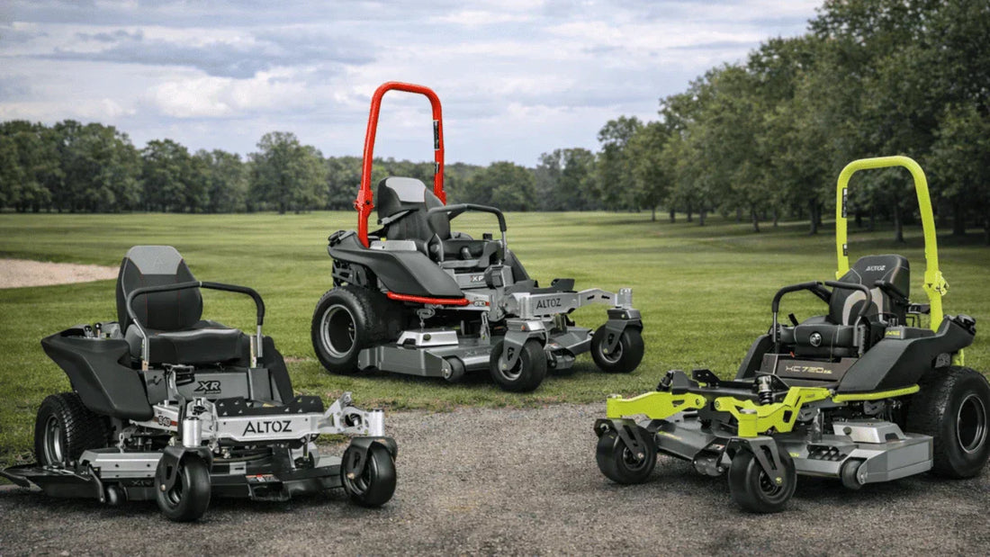 Three 2025 Altoz zero turn mowers displayed on open grass, highlighting lineup options for Somerset buyers.