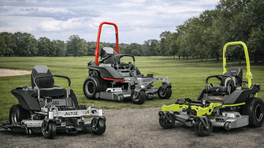 Three 2025 Altoz zero turn mowers displayed on open grass, highlighting lineup options for Somerset buyers.