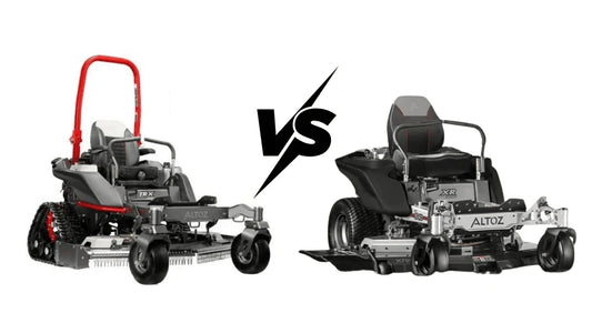 Side-by-side comparison of Altoz TRX tracked mower and Altoz XR zero-turn mower for South-Central Kentucky lawns.