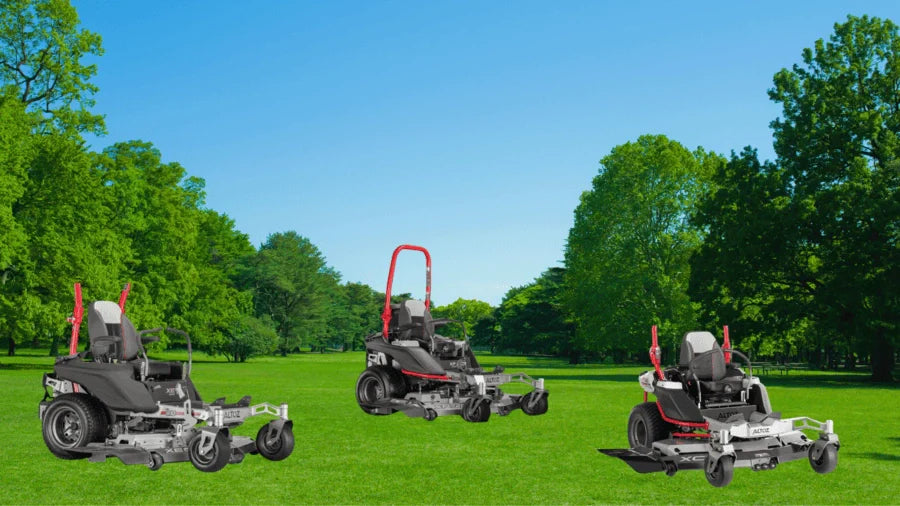 Altoz XC, XP, and XE zero-turn mowers lined up on lawn, built for different mowing conditions in Somerset, KY.