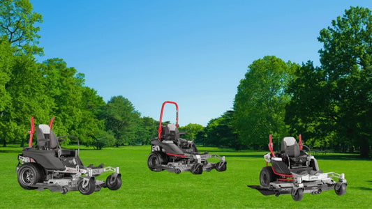 Altoz XC, XP, and XE zero-turn mowers lined up on lawn, built for different mowing conditions in Somerset, KY.