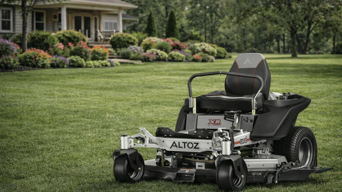 Altoz commercial zero turn mower positioned on a landscaped lawn, built for professional lawn care in Kentucky.