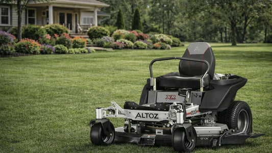 Altoz commercial zero turn mower positioned on a landscaped lawn, built for professional lawn care in Kentucky.