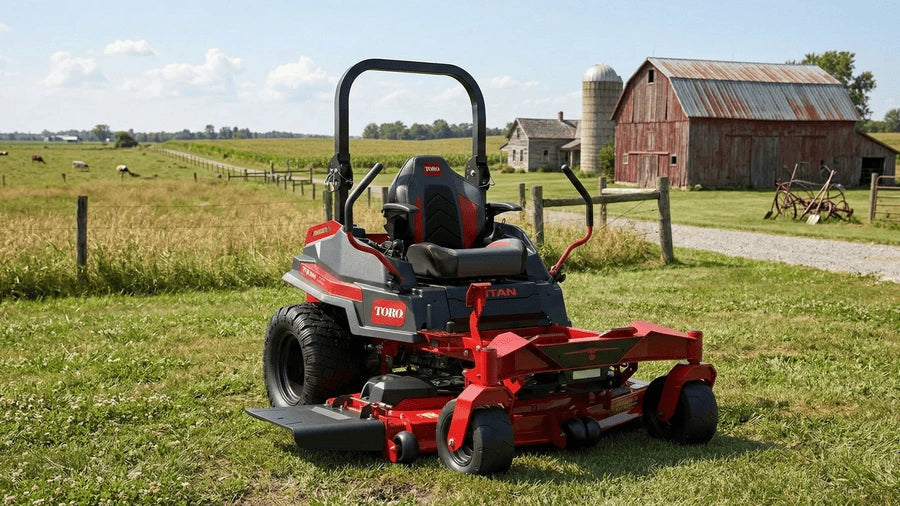 Toro 60-inch TITAN MAX zero turn mower positioned on a rural Kentucky property with a red barn and open pasture in the background.