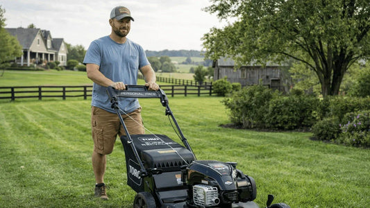 Person using a Toro walk-behind lawn mower on a residential yard with a farmhouse and trees in Somerset, Kentucky.