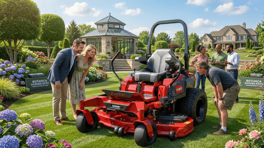 Toro 4000 Series MyRIDE HDX 60-inch zero turn mower displayed at a commercial landscaping supply yard with trucks, materials, and equipment behind it.