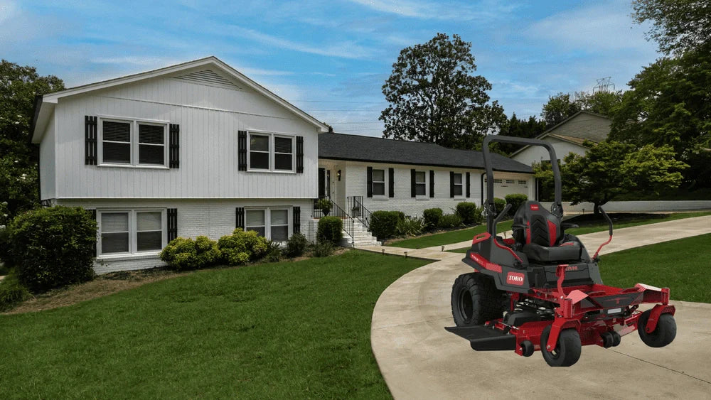 TORO Titan MAX zero-turn mower parked in a residential driveway, highlighting specs and use cases in Somerset.