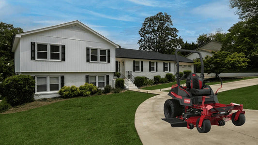TORO Titan MAX zero-turn mower parked in a residential driveway, highlighting specs and use cases in Somerset.