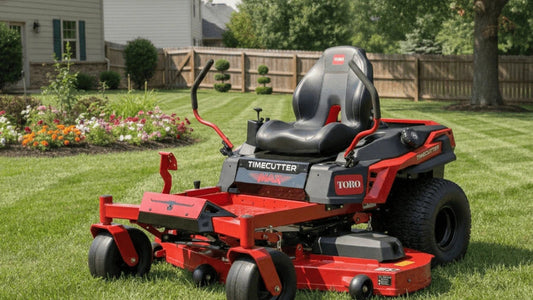 Toro 60-inch TimeCutter Max zero turn mower parked on a neatly striped residential lawn in a suburban backyard.