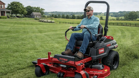 Operator driving a Toro TITAN MAX zero turn mower across a large open lawn with fences and farmland in Somerset, Kentucky.