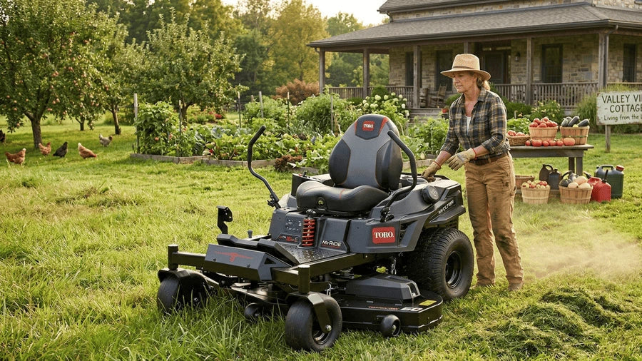 Toro 60-inch TimeCutter Max Havoc MyRIDE zero turn mower cutting grass on a rural property near a farmhouse and garden.