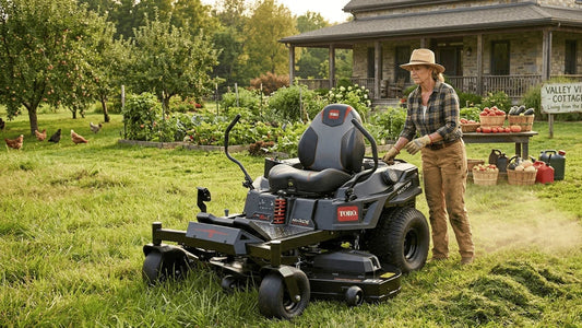 Toro 60-inch TimeCutter Max Havoc MyRIDE zero turn mower cutting grass on a rural property near a farmhouse and garden.