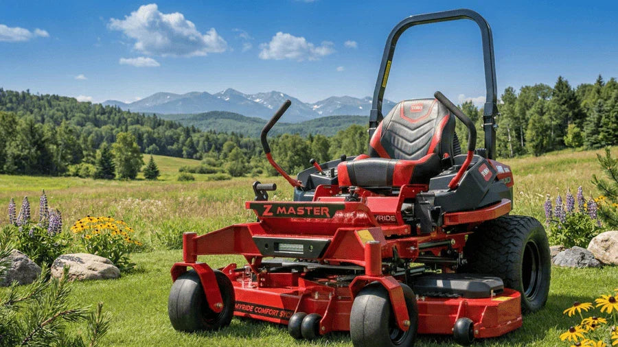 Toro 2000 Series MyRIDE HDX 60-inch zero turn mower positioned on a landscaped lawn with mountains and trees in the background.