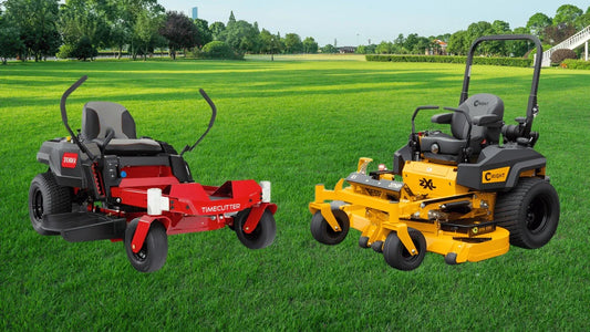 TORO TimeCutter zero-turn mower compared with Wright commercial mower on open lawn for Somerset homeowners.