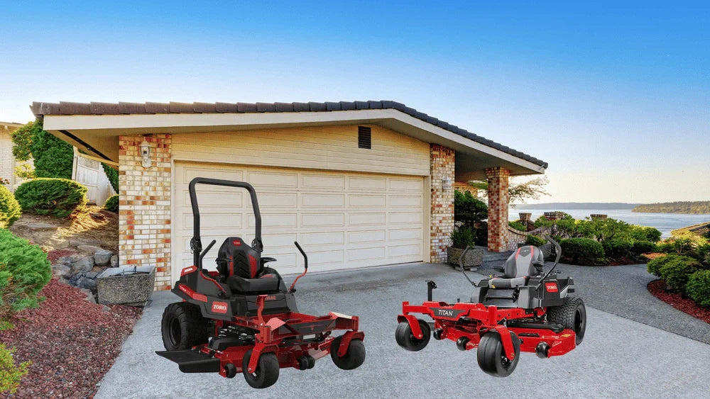TORO Titan MAX and TORO Titan X zero-turn mowers displayed in a driveway, compared for Somerset yard use