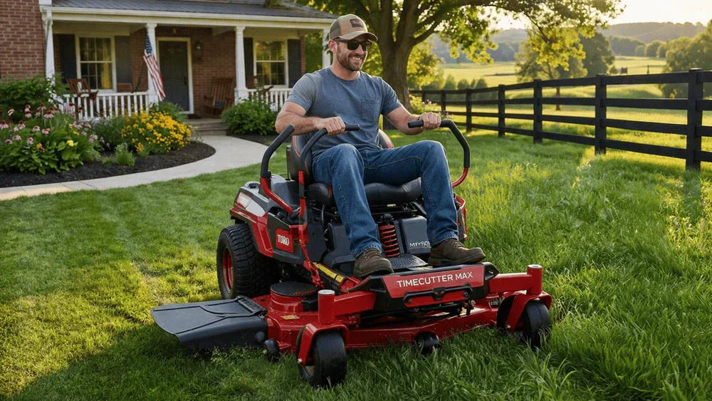 Man riding a Toro TimeCutter Max MyRide zero turn mower on a neatly maintained lawn beside a home and garden in Somerset, Kentucky.