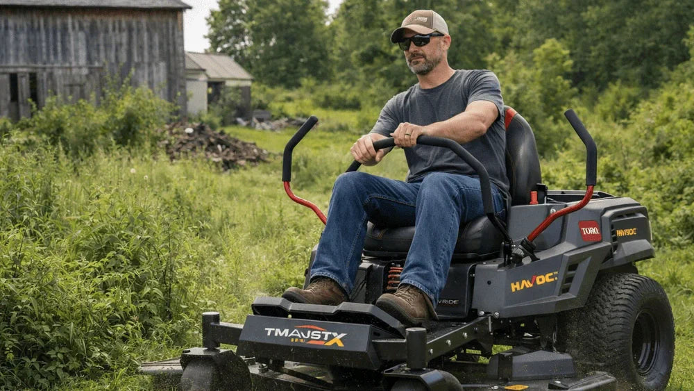 Man operating a Toro TimeCutter Max Havoc MyRIDE zero turn mower cutting tall grass on a rural property in Somerset, Kentucky.