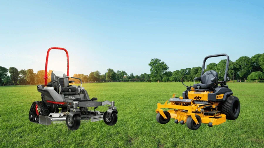 Altoz and Wright zero-turn mowers positioned side by side on grass, compared for Somerset, KY buyers.