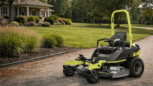 Altoz zero turn mower parked on a residential driveway, popular with Kentucky homeowners for lawn care.