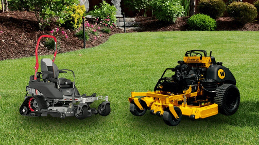 Wright ZK-61 FX820 and Altoz TRX-766i mowers compared side by side on grass for Cumberland Plateau terrain.