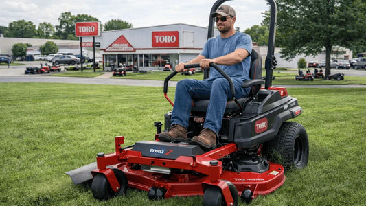 Toro zero turn mower being operated on grass in front of a Toro dealership building with equipment displays in Somerset, Kentucky.